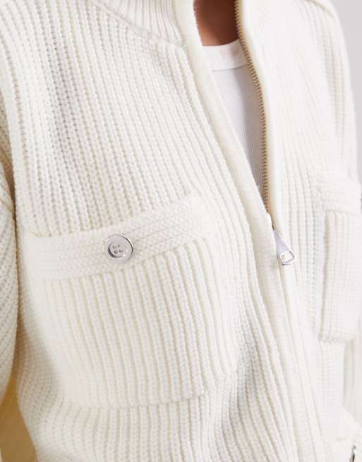 ASOS DESIGN giacca in maglia con collo a imbuto e bottoni argentati color crema, 3 di 4