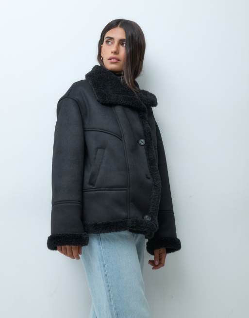ASOS DESIGN giacca in montone foderata in pile borg con collo a cascata nera, 2 di 4