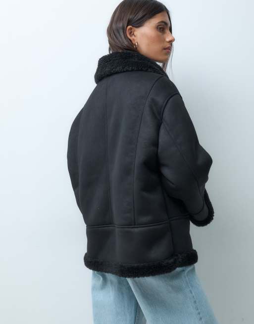 ASOS DESIGN giacca in montone foderata in pile borg con collo a cascata nera, 4 di 4