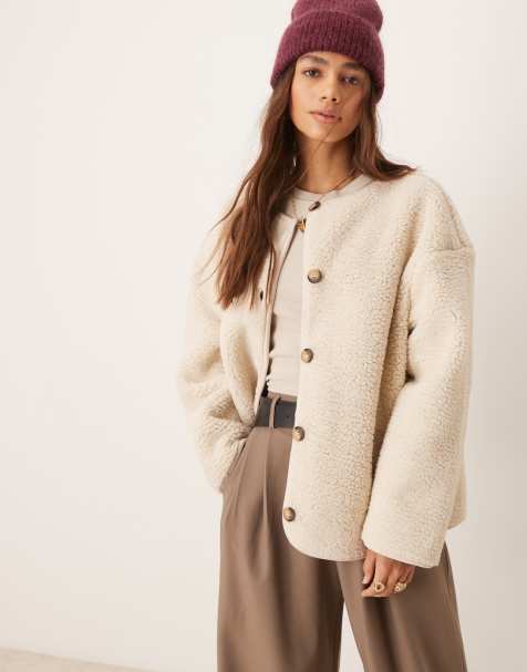 ASOS DESIGN - Giacca in pile borg color crema con profili in camoscio sintetico - view 1