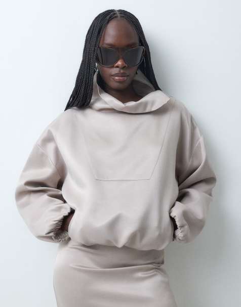 ASOS DESIGN giacca in satin con collo alto in taupe coordinato - view 1