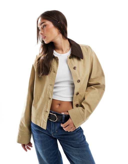 ASOS DESIGN - Giacca in tela color pietra con colletto a contrasto