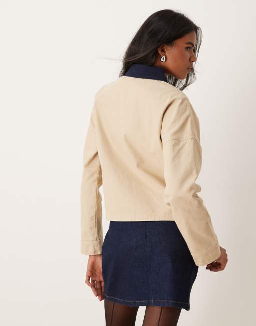 ASOS DESIGN - Giacca in tela color pietra con colletto a contrasto, 3 di 4