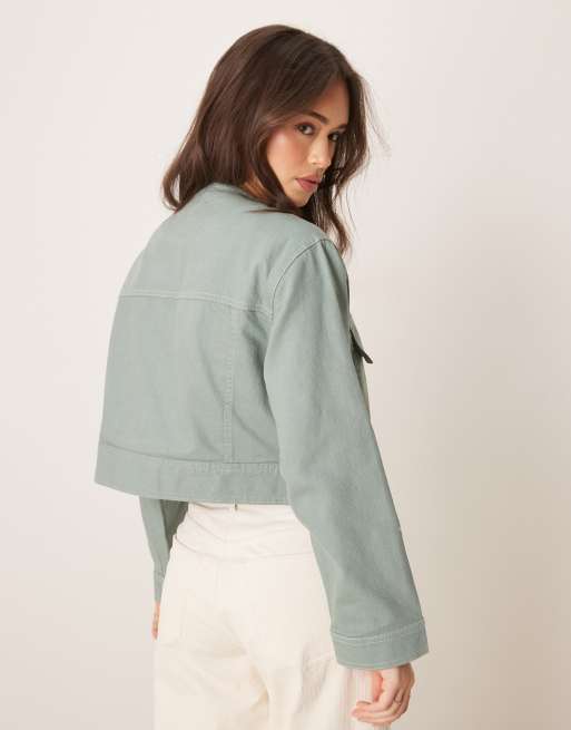 ASOS DESIGN - Giacca in twill verde senza colletto, 2 di 4