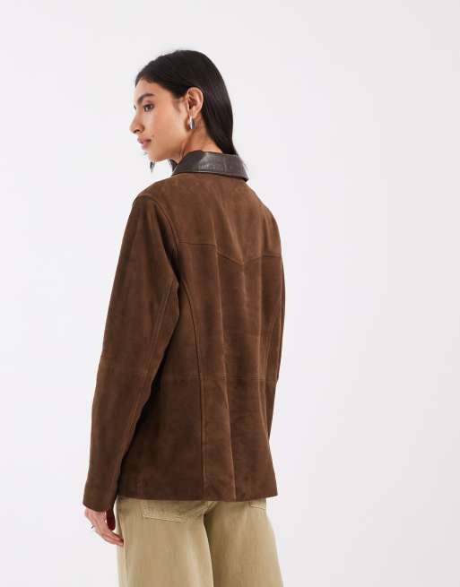 ASOS DESIGN giacca in vera pelle decorata con colletto in pelle, verde oliva, 4 di 4