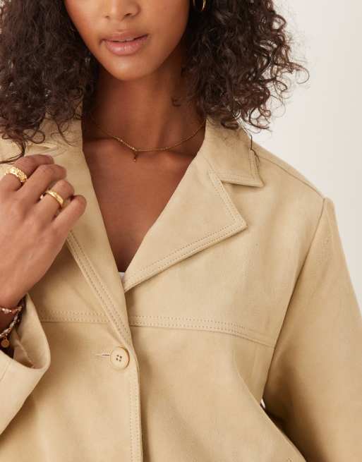 ASOS DESIGN - Giacca in vera pelle scamosciata color latticello stile anni '70, 2 di 4