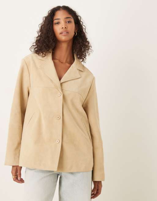 ASOS DESIGN - Giacca in vera pelle scamosciata color latticello stile anni '70, 3 di 4