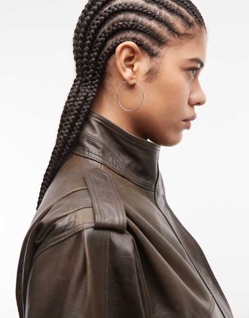 ASOS DESIGN - Giacca multitasche in vera pelle marrone slavato con cintura, 2 di 4