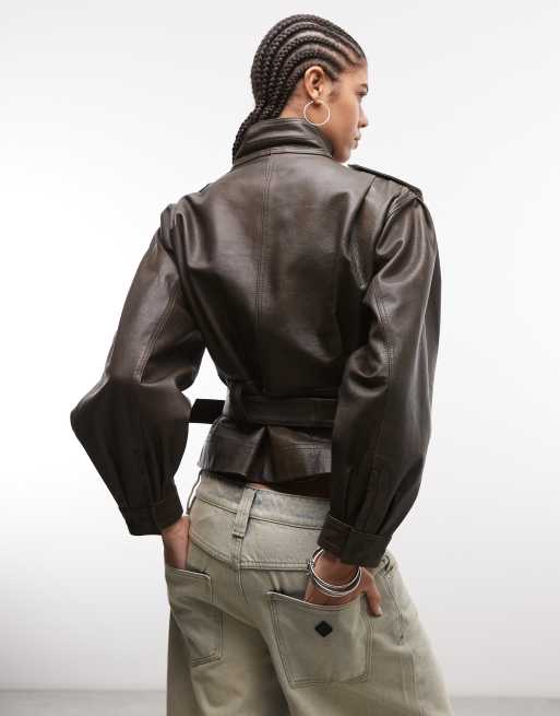 ASOS DESIGN - Giacca multitasche in vera pelle marrone slavato con cintura, 4 di 4