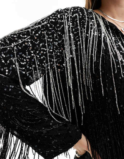 ASOS DESIGN - Giacca nera con frange e perline da festival, 3 di 4