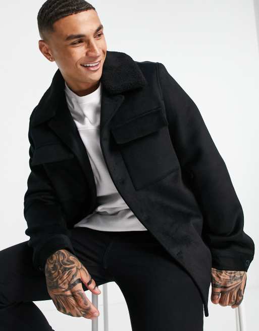 ASOS DESIGN - Giacca nera in misto lana con colletto a contrasto in pile borg