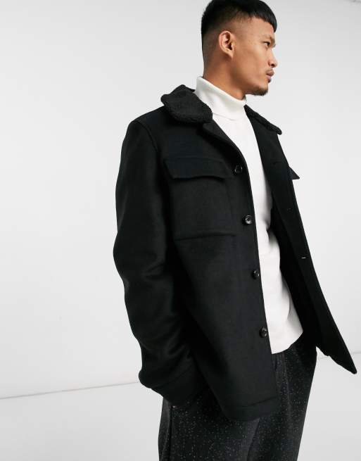 ASOS DESIGN - Giacca nera in misto lana con colletto a contrasto