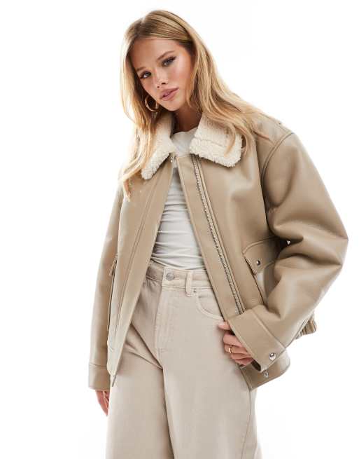 ASOS DESIGN - Giacca oversize color crema con colletto in pile borg