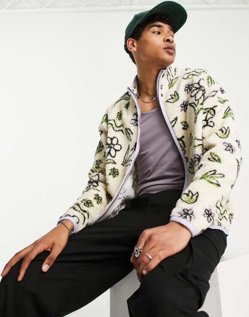 ASOS DESIGN - Giacca oversize da festival in pile borg con stampa a fiori e chiusura con zip color crema