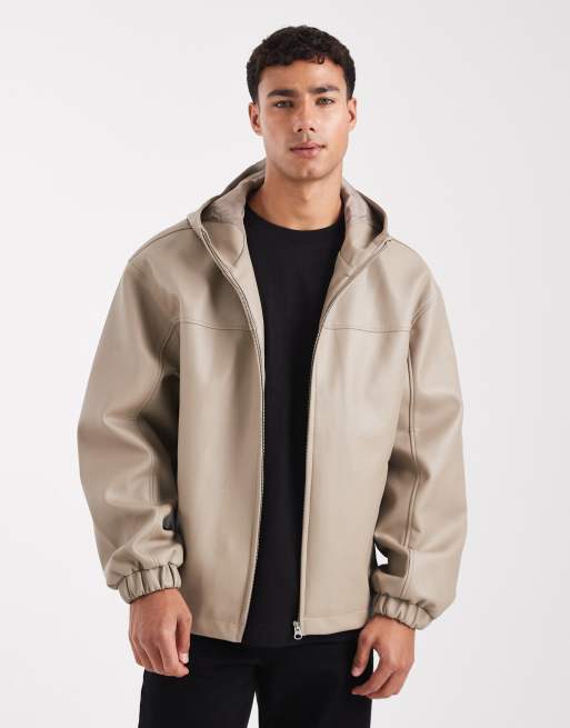 ASOS DESIGN - Giacca oversize in pelle sintetica color fungo con cappuccio