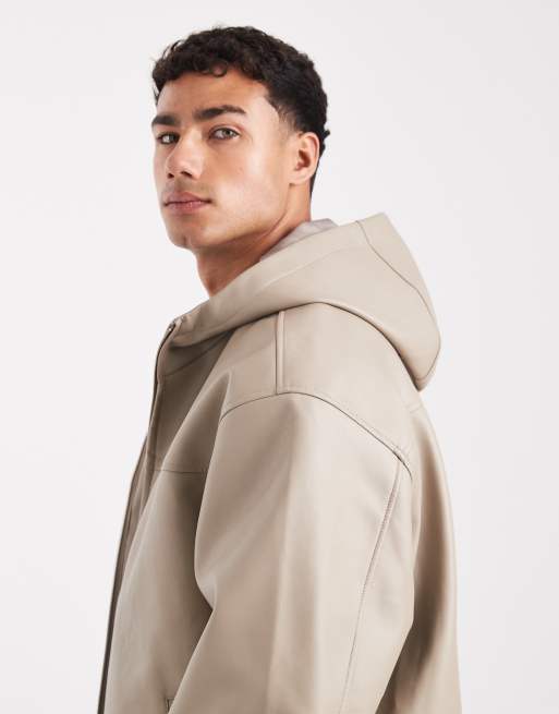 ASOS DESIGN - Giacca oversize in pelle sintetica color fungo con cappuccio, 4 di 5