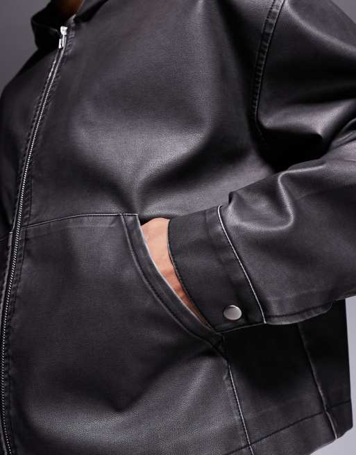 ASOS DESIGN - Giacca oversize in pelle sintetica nero slavato con cappuccio, 4 di 4