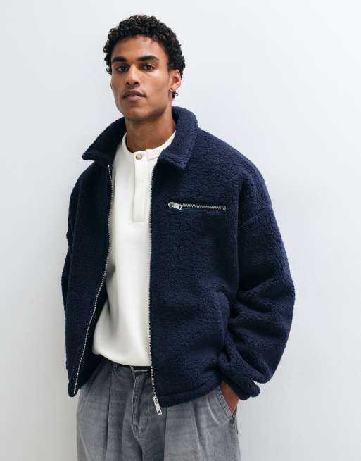ASOS DESIGN giacca oversize in pile borg con chiusura con zip, blu navy, 3 di 5
