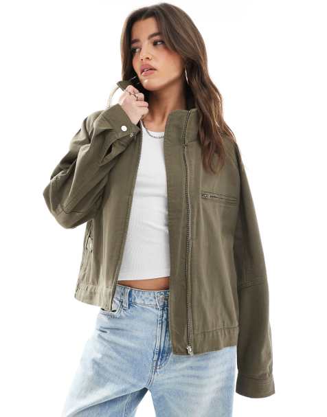 ASOS DESIGN - Giacca oversize in twill verde oliva scuro con collo a imbuto - view 1