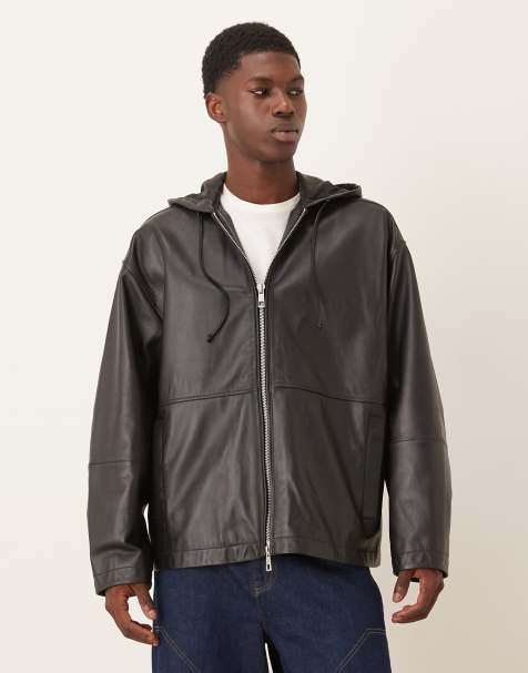ASOS DESIGN - Giacca oversize nera in vera pelle con zip e cappuccio - view 1