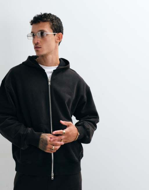 ASOS DESIGN - Giacca oversize pesante premium lavata nera con zip, 3 di 5