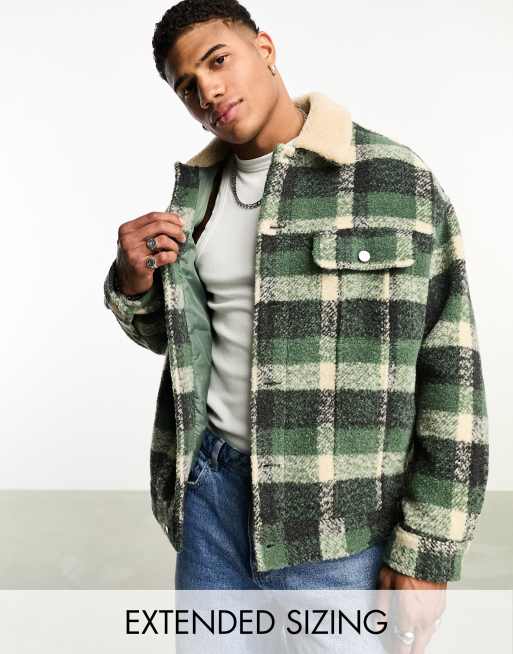 ASOS DESIGN - Giacca oversize stile western effetto lana verde a quadri con colletto in pile borg
