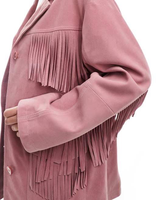 ASOS DESIGN - Giacca premium in camoscio rosa pastello con frange, 2 di 4