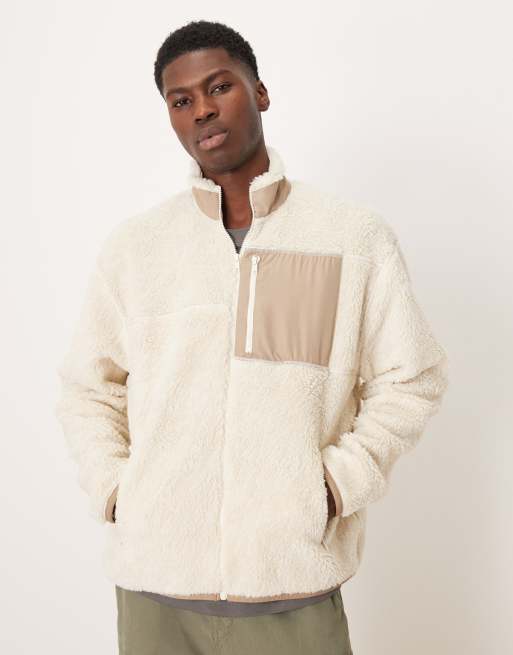 ASOS DESIGN giacca relaxed in pile borg con zip intera color bianco sporco, 1 di 5