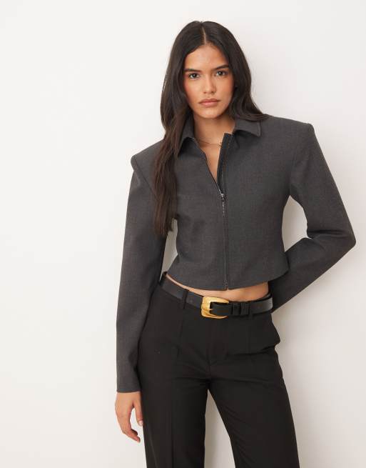 ASOS DESIGN - Giacca sartoriale corta e stretta in vita con chiusura zip antracite in coordinato