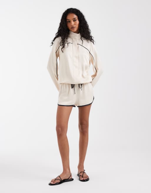 ASOS DESIGN - Giacca sportiva con collo a imbuto in raso a righe écru, 2 di 4