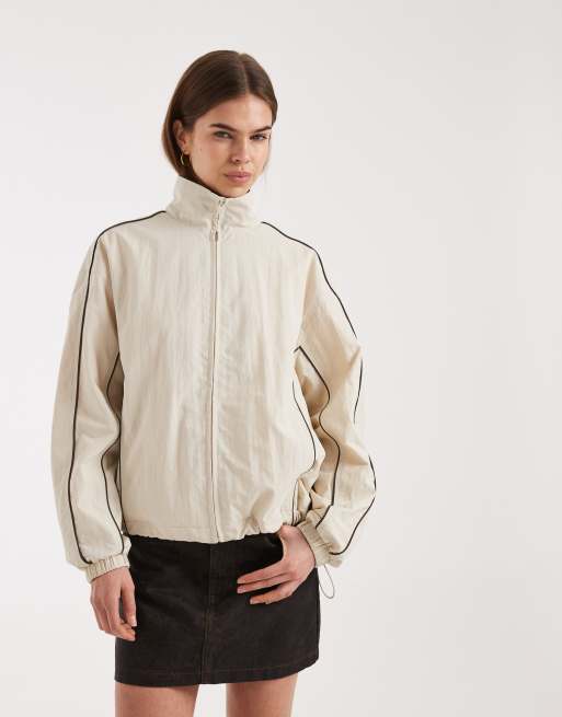 ASOS DESIGN - Giacca sportiva oversize color crema con profili marroni