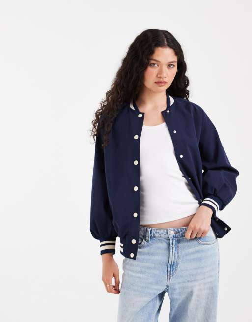 ASOS DESIGN - Giacca sportiva stile college blu navy con finiture a coste, 2 di 4
