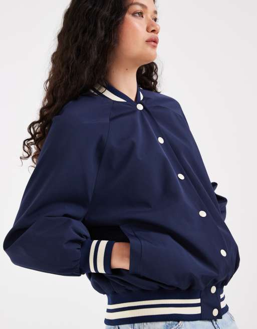 ASOS DESIGN - Giacca sportiva stile college blu navy con finiture a coste, 3 di 4