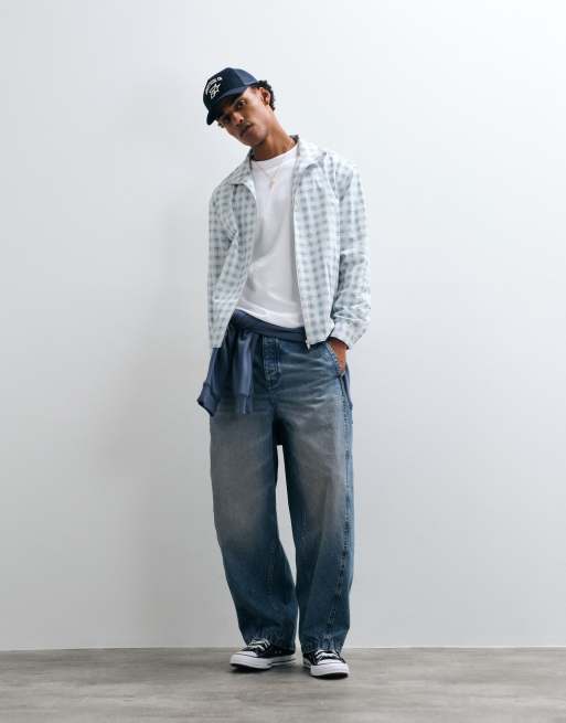 ASOS DESIGN giacca squadrata oversize con chiusura con zip e collo a imbuto a quadri blu, 5 di 5