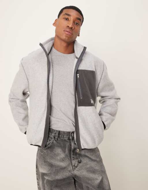 ASOS DESIGN - Giacca squadrata oversize in pile color grigio con zip e tasca a contrasto