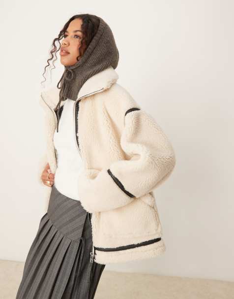 ASOS DESIGN - Giacca stile aviatore color crema con esterno in pile borg - view 1