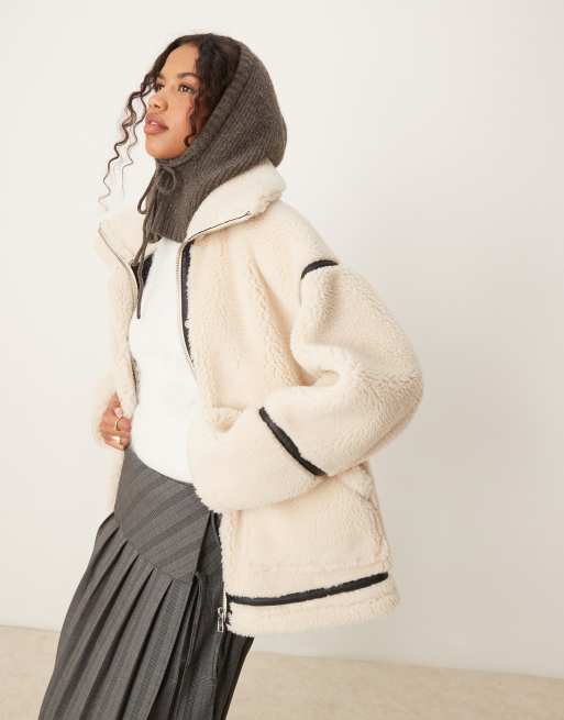 ASOS DESIGN - Giacca stile aviatore color crema con esterno in pile borg