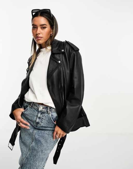 ASOS DESIGN - Giacca stile motociclista liscia nera in vera pelle premium