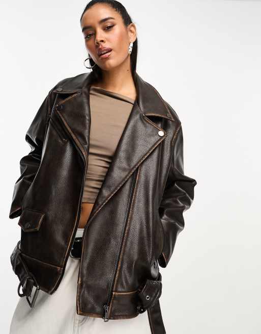 ASOS DESIGN Giacca stile motociclista marrone in pelle sintetica slavata ASOS