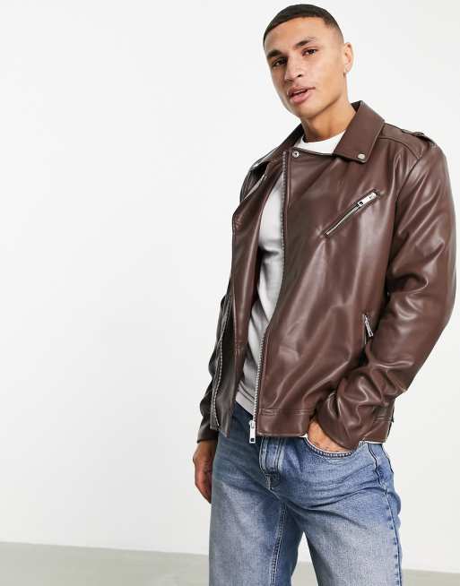 ASOS DESIGN - Giacca stile motociclista marrone in pelle sintetica