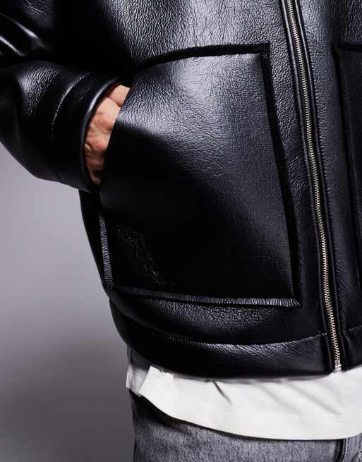 ASOS DESIGN - Giacca super oversize squadrata in pelle sintetica nera con cappuccio e fodera in pile borg, 3 di 4
