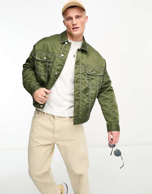 ASOS DESIGN - Giacca taglio corto oversize stile western verde con cuciture a contrasto