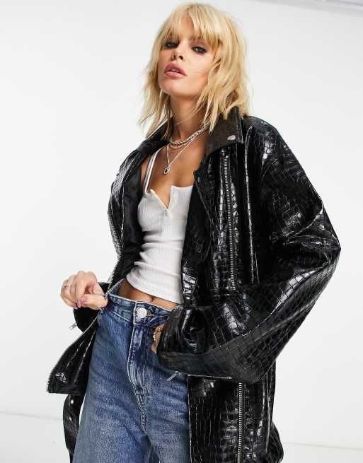 ASOS DESIGN - Giacca taglio lungo in pelle sintetica nera coccodrillo 