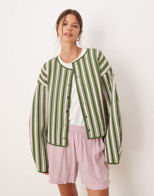 ASOS DESIGN - Giacca trapuntata rosa e verde a righe con ricami, 2 di 4