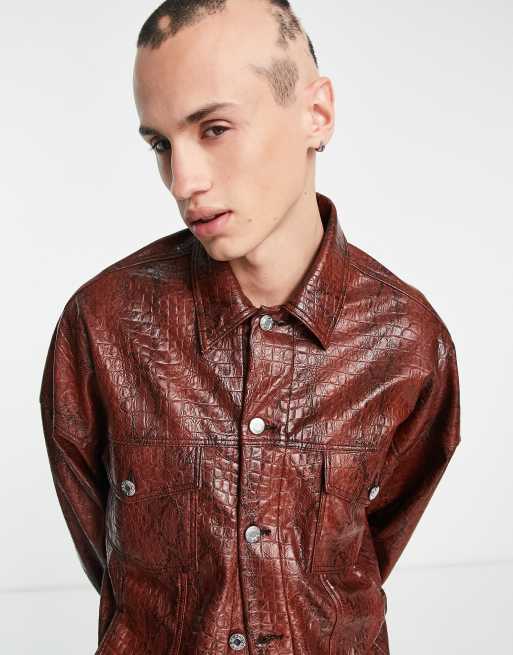 ASOS DESIGN Giacca trucker in pelle sintetica rossa pitonata in