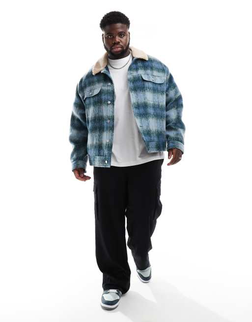ASOS DESIGN - Giacca trucker oversize effetto lana blu a quadri con colletto in pile borg, 2 di 4
