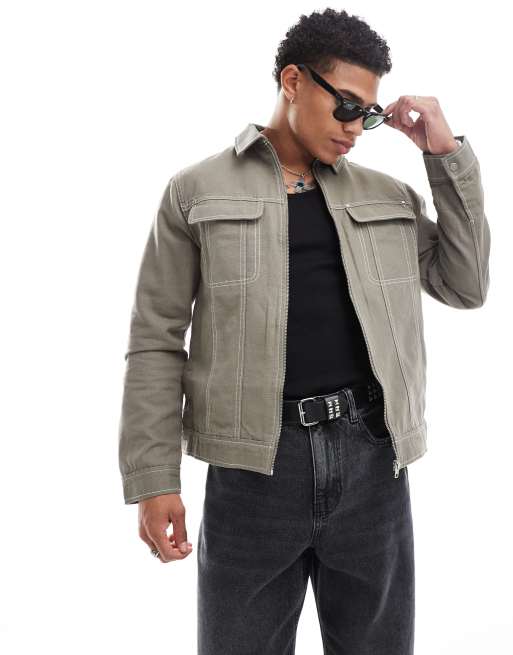 ASOS DESIGN - Giacca western grigia con cuciture a contrasto