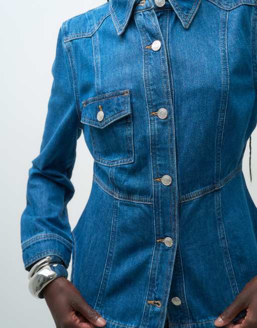 ASOS DESIGN giacca western in denim con vita stretta in blu medio, 3 di 4