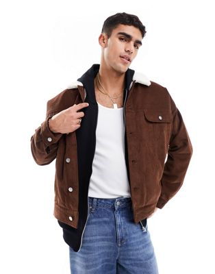ASOS DESIGN cord western jacket in brown with ecru borg collar - ASOS Price Checker