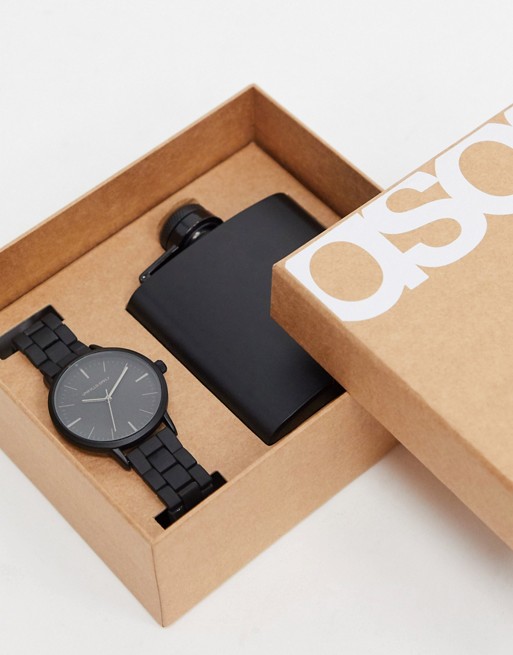 ASOS DESIGN gift watch with black hip flask